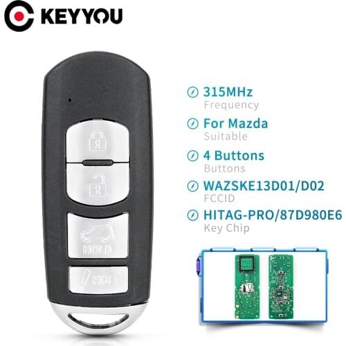 KEYYOU 4 Buttons FCC: WAZSKE13D01 WAZSKE13D02 FSK 315MHz ID49 Chip Smart Remote Car Key For Mazda 3 6 MX-5 Miata 2013-2019