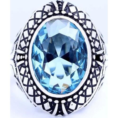Blue Aquamarine Mans Handmade 925 Silver Ring, Handmade Oval Shaped Light Blue Blue Aquamarine Sterling Silver ring