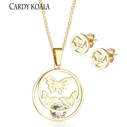 Stainless steel woman necklace and earring set personalized Hollow Butterfly+crystal vacuum gold-plated jewelry set