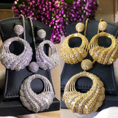 High Quality Gorgeous Luxury Big Round Pendant Necklace Earrings Jewelry Sets High Quality Cubic Zircon Party Daily Accessories