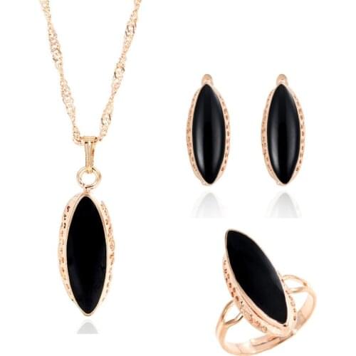 2020 New Design Hot Sale gold-color Black Austria Crystal Jewelry Set For Women Water Drop Pendant Necklace Earrings Ring Set