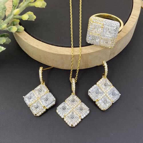 Lanyika Fashion Jewelry Set Elegant Square Micro Inlay Necklace with Earrings and Ring for Women Wedding Banquet Best Gifts