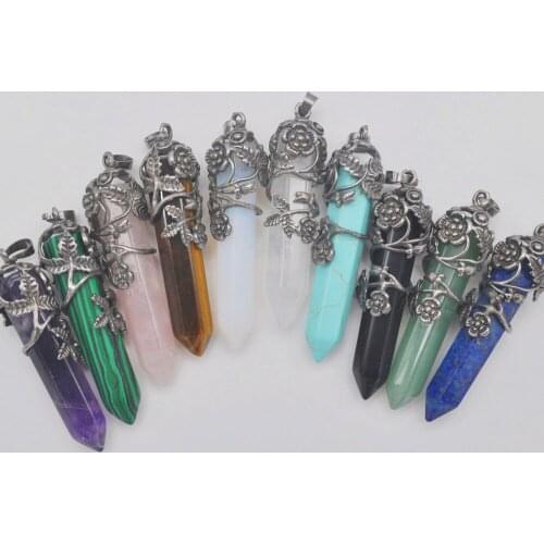 Lapis Carnelian Green Aventurine Crystal Tigereye Opal Green Malachite Stone GEM Pillar Pendant Flower Plants Jewelry S230-S239
