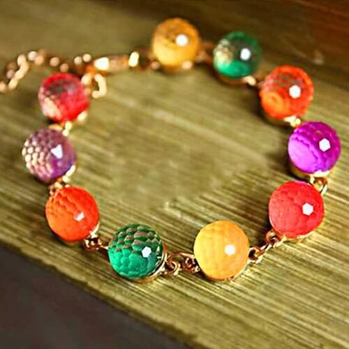 Hot Womens Colorful Candy Beads Golden Tone Crystal Chain Bangle Cuff Bracelet 7G2N BD5E