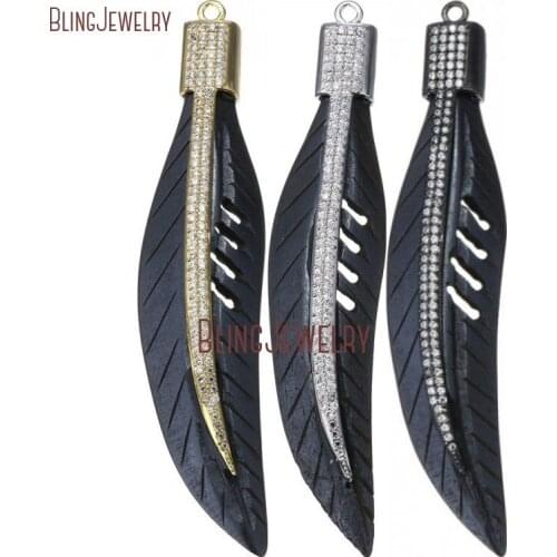Micro Pave Clear Czech Zircon Leaf Black Ox Bone Pendant Feather Pendant PM24204
