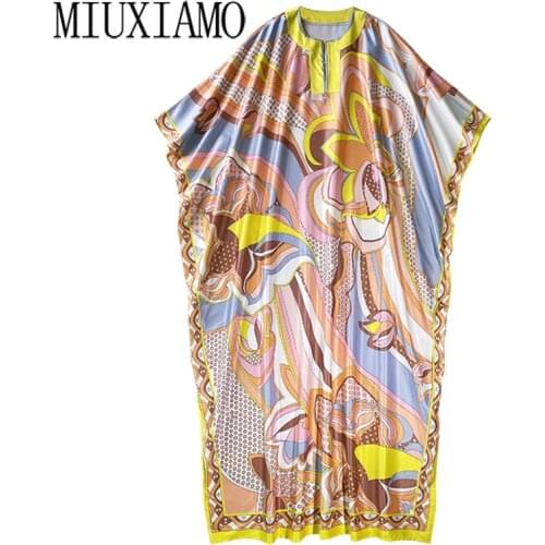 MIUXIMAO 2021 Bohemian Plus Size Dress V-neck Sleeve Maxi Dress Women Silk Floor Length Flower Beach Kaftan Dress