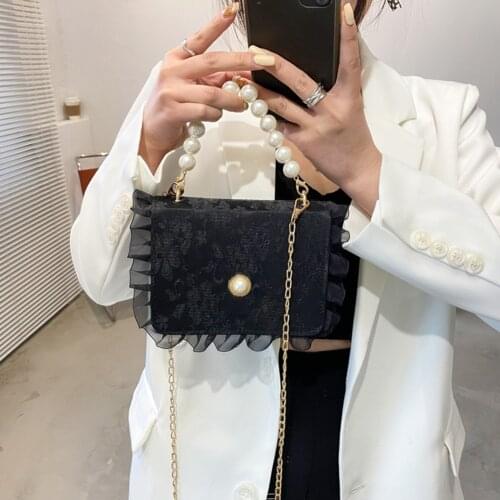 2021 New Vintage Womens bag Pure Color Lace PU Shoulder Bag Lady Pearl Chain Travel Crossbody Bags Mini Flap Wild Handbags
