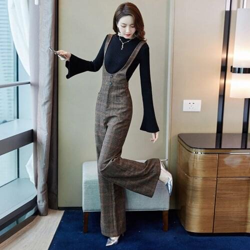 2021 New Autumn Winter Plaid Straight Woolen Suspender Pants + Long-sleeved Knitted Sweater Pullovers Women Two-piece Sets H107