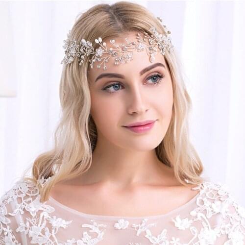 OKILY Luxury Crystal Flower Wedding Hair Accessories Hair Band for Women Handmade Headband Headpiece with Ribbon Banquet Jewelry