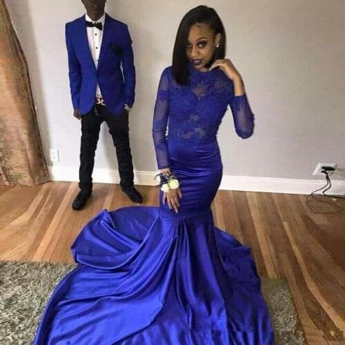 African Royal Blue Mermaid Prom Dresses 2020 gala jurken Black Girls Women Imported Party Dress Long Sleeves Formal Evening Gown