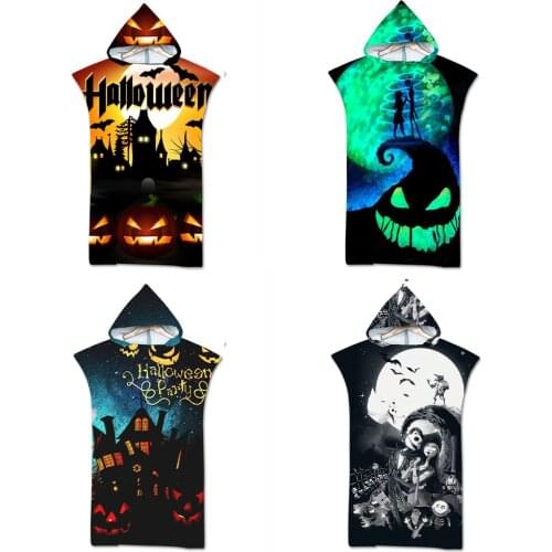 Halloween Themed Atmosphere Adult Kids Microfiber Hooded Beach Towel Quick Dry Changing Poncho Bathrobe Surf Cloak