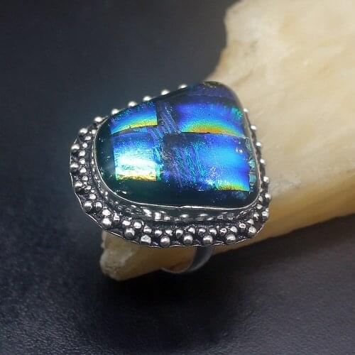 Vintage Solitaire Unique Dichroic Glass Silver Color Jewelry Fashion Band Ring For Women Men Ladies Size 9.5 HD833