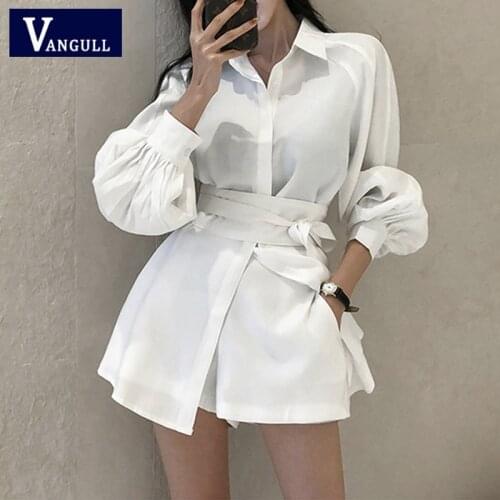 Vangull Soild Color Suits Women Spring Summer New Defined Wais Shirt With Belt & Wide Leg Shorts Puff Sleeve Casual 2 Pieces Set
