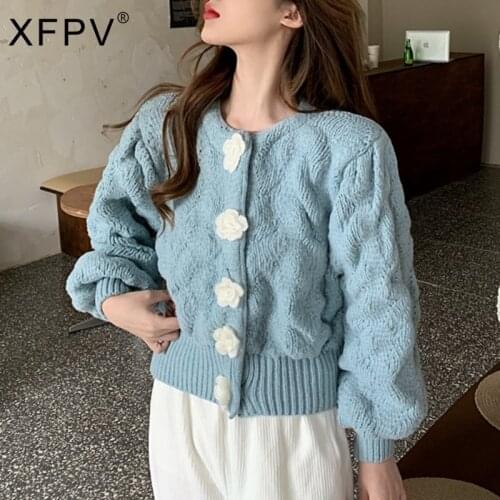 XFPV 2021 Autumn Winter New Arrivals Y2k Long Sleeve Rose Button Twist Foreign Style Sweater Womens Cardigan Short Coat SM197