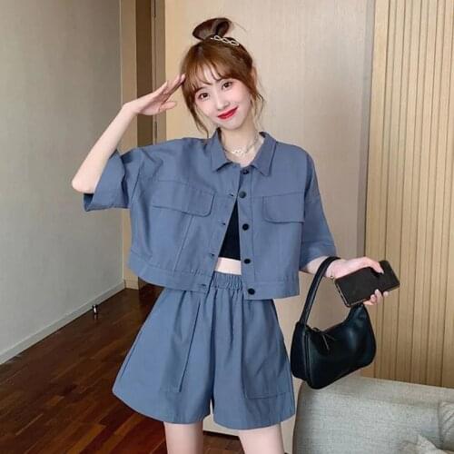 Wenfly Women Korean Turn-down Collar Overalls Short Sleeve Shirt Elastic Waist Cargo Pants Casual Loose Shorts Two Piece Sets