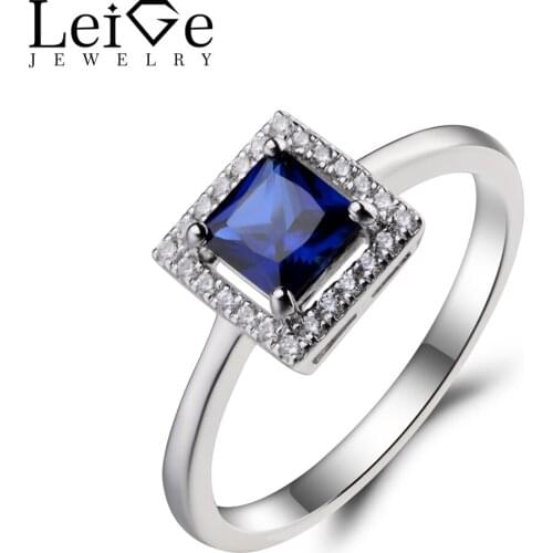 Leige Jewelry Wedding Ring Blue Sapphire Ring September Birthstone Princess Cut Gems Blue Gemstone 925 Sterling Silver Ring