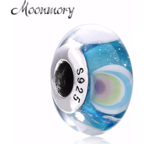 Moonmory 925 Sterling Silver Rainbow Glass bead Fits Brand Snake Bracelet DIY Glass Charm Jewelry Marking 2018 Spring New Style