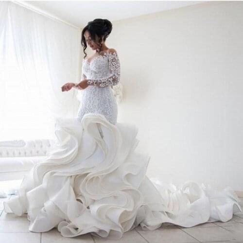 Elegant Sheer Neck Mermaid Wedding Dress With Lush Tiered Train Applique Bridal Dresses Robe de mariée Sexy Backless Bridal Gown
