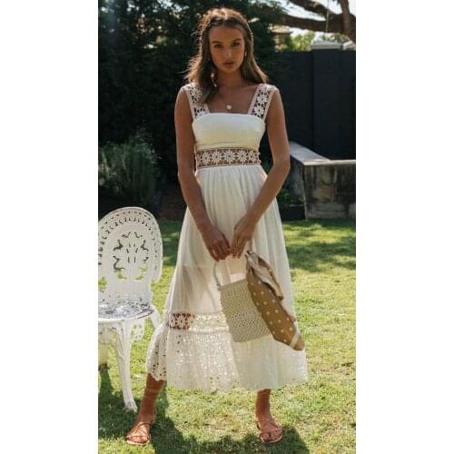 Jastie 2021 Summer Boho Lace Slip Women Dress Square Neck Knitted Flower Midi Dresses Elegant Retro Chic Clothing