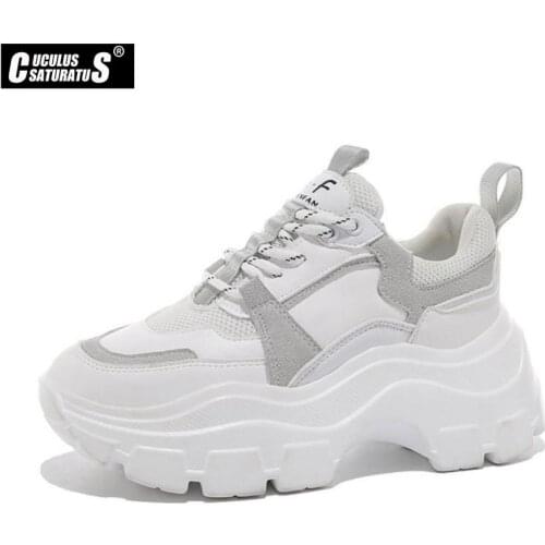 Cuculus White Shoes Sneakers Female Womens Genuine Leather Platform Spring Breathable Lace Up Sports High Sole 35-40 6015