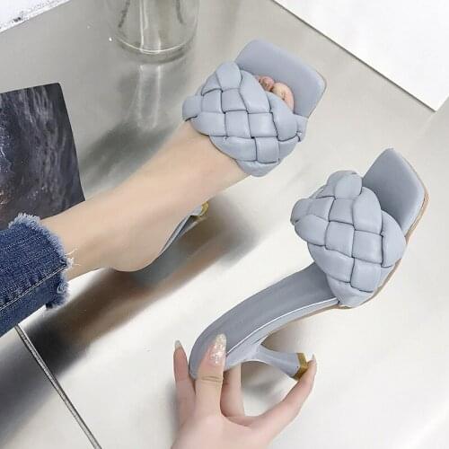 Sqaure Toe Red Quilted Mule Heels Shoe Black PU High Heel Shoes Women Sandals Sliper Woman Shoes Zapatos Mujer White Slippers