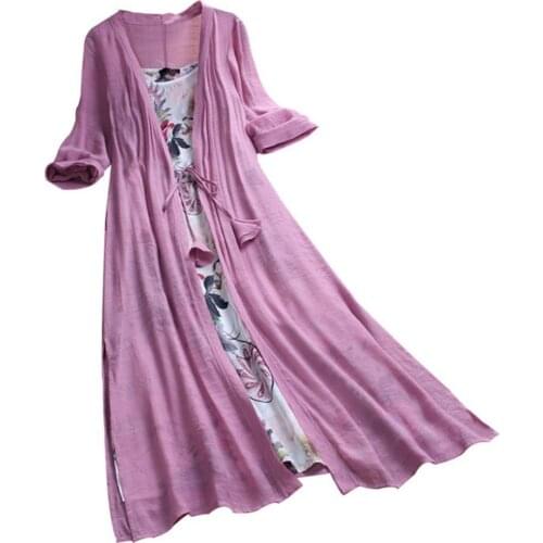 Summer dress 2Pcs/Set Plus Size Lady Flower Print Cotton Linen Sleeveless Dress with Cardigan robe femme Womens Clothing 2021