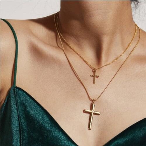BK Fashion Gold Color Necklaces for Women Simple Religious Cross Pendant Short Choker Jewelry Graduation Gift 2 Pcs
