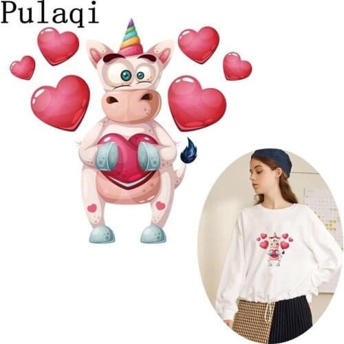 Pulaqi Love Cow Ironing Sticker Heat Transfers Vinyl Animal Patch Thermal Iron on Transfer for Clothes on Baby Clothing Applique