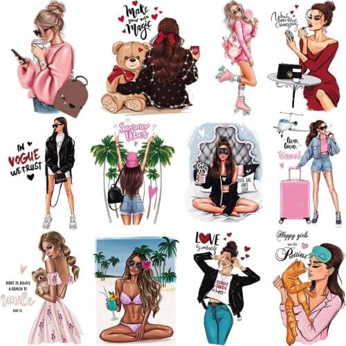 Fashion Woman Patches For T-Shirt Jeans Dresses Diy Hot Tear Thermal Transfer New Design Girl Patch Iron On Stickers Over Powder