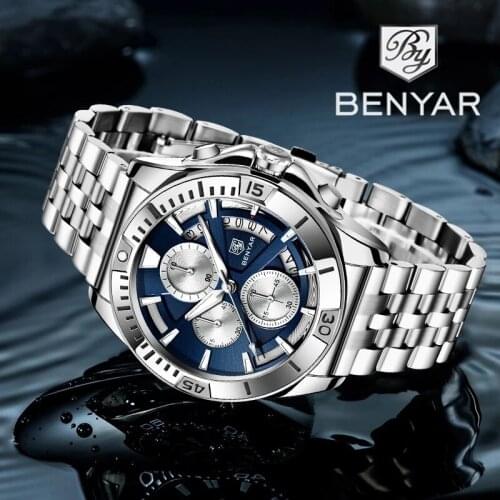 2021 New BENYAR Quartz Watch Mens Top Luxury Brand Mens Watch Business Stainless Steel Strap Multifunction Waterproof Watches