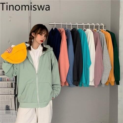 Tinomiswa Solid Color Casual Hooded Hoodies Solid Color Zip-up Long Sleeve Loose Sweatshirt Women Korean Chic New Outerwear