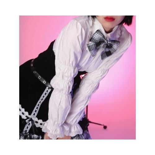 Original Design Spring Harajuku Japanese Girl Gothic Punk Blouse Long Sleeve White Bow Tie School Girls Sweet Kawaii Top Shirt