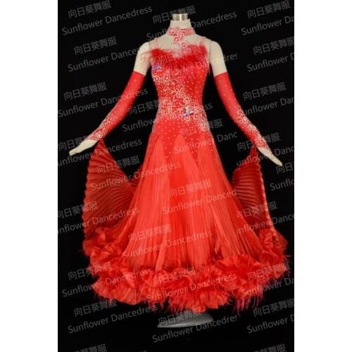 RED Feather Ballroom Standard Dance Dress,Waltz Competition Dress,Women,standard dance dress,Ballroom Dance Dress,SunflowerDress