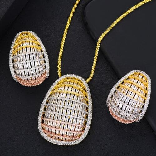 Luxury Shiny Big Pendant Necklace Earring Sets Jewelry Set For Women Wedding Party Full Zircon Dubai Bridal jewelry Set 2021