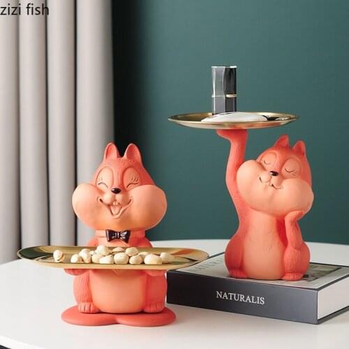 Pink Resin Squirrel Key Remote Control Storage Tray TV Cabinet Porch Decoration Cartoon Cute Animal Sculpture Piggy Bank Decor