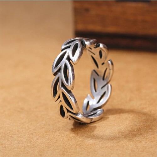 925 Sterling Silver Stackable Hollow Leaf Thai Silver Rings Punk Style Adjustable Size Statement Ring S-R68