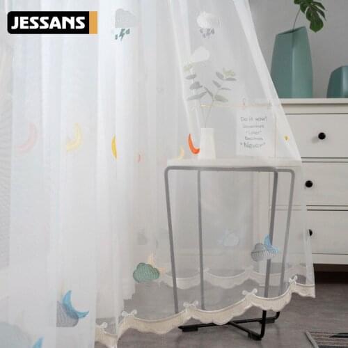 Childrens Room Cartoon Curtain Finished Embroidered White Gauze Curtain Semi-shading Curtains for Living Dining Room Bedroom