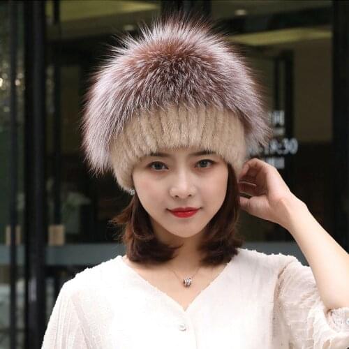 Women knitted mink fur hat styles woman fur cap with fox fur tassel lining women winter hats girls hats for beanies