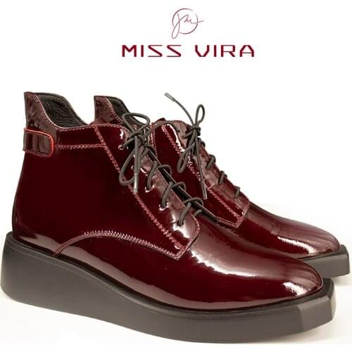 MISS VIRA Women Boots Leather Lace-up Ankle Boots Autumn Winter women Booties Platform Boots Wedge Shoes