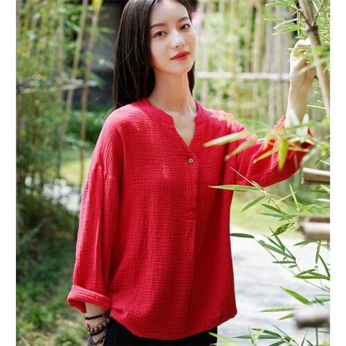 Women Summer Cotton Blouses Autumn Long Sleeves Shirts Casual Loose V Neck Button Solid Shirt Soft Blouse Plus Size M-7XL 8XL