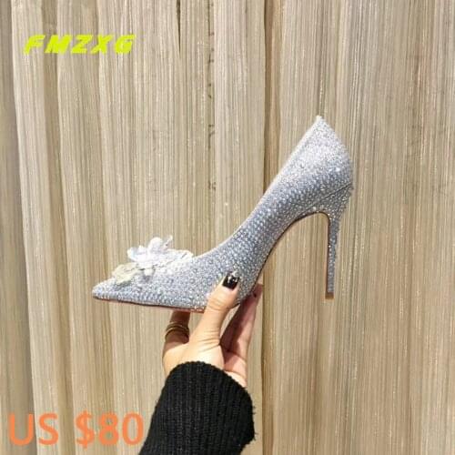 FMZXG Women Wedding Heels high Sexy Fashion Crysta Shoes Pointed Toe Genuine Leather Bridal Shoes Designer Luxury Brand Shoes