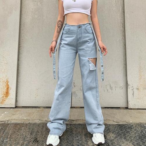 Womens Ladies Jeans Wide-Leg Trousers Jeans Light Blue Ripped Holes Hollow Thin Straight High Waist Shows Thin Fashion Trend