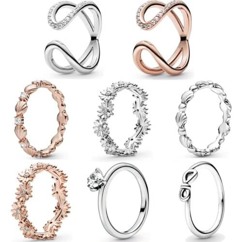925 Sterling Silver Ring 1:1 Pave Daisy Flower Infinity Eternal Hearts Love Seashell Band Femal Ring DIY Pandora Jewelry