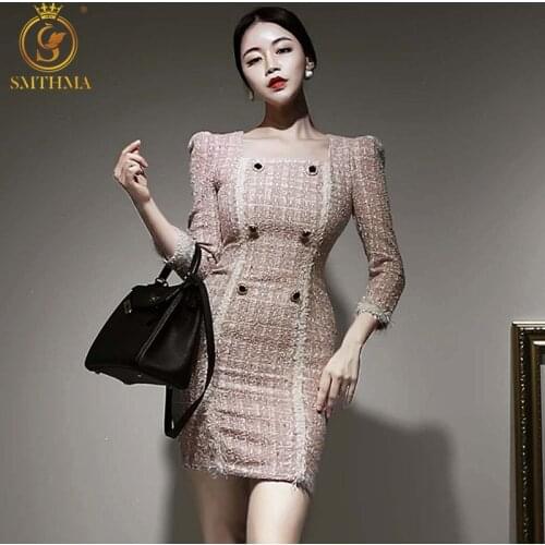SMTHMA Elegant Temperament OL Chic Vintage Slim Square Neck Tweed Woolen Dress Women Double-Breasted Vestidos Fall