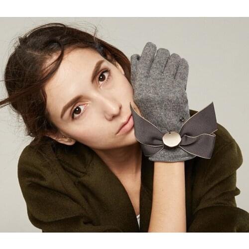 Winter Wool Fashion Women Gloves Bow Ring Jewelry Decoration Add Cashmere Thicken Female Gloves Elegant Lady Keep Warm Gloves