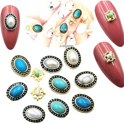 20pcs/pack alloy nail art charms decals retro gold silver oval cross crack turquoise 3D metal accessories bride nail sticker DIY