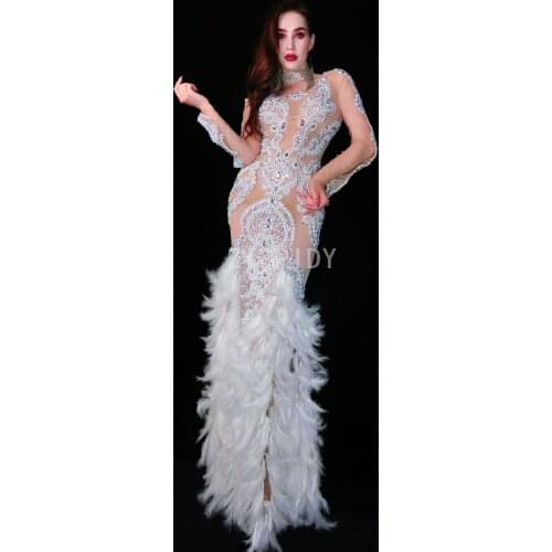 2019 AB Stones Pearls Dress White Feather Prom Outfit Bar Womens Birthday Celebrate Dress Dancer Long Dresses