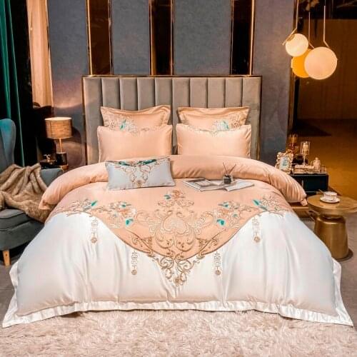 4Pcs Satin Cotton Embroidery Patchwork Duvet Cover Set Rich Silky Soft Bedding Set Cotton Bed Sheet Pillowcases Queen King size