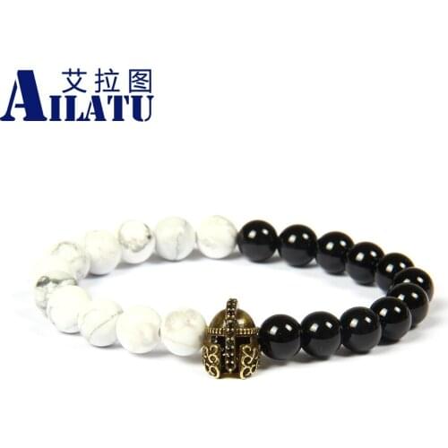 Ailatu Jewelry Wholesale 8mm Natural White Howlite & Black Onyx Stone with Micro Pave Black Cz Vintage Helmet Spartan Bracelet