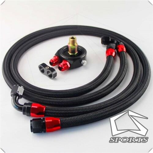 AN10 1.4m 1.6m Nylon Braided or SS Braided Oil Line+ AN10 Oil Filter Sandwich Adapter w/ Hose Fittings Black / Blue / Silver